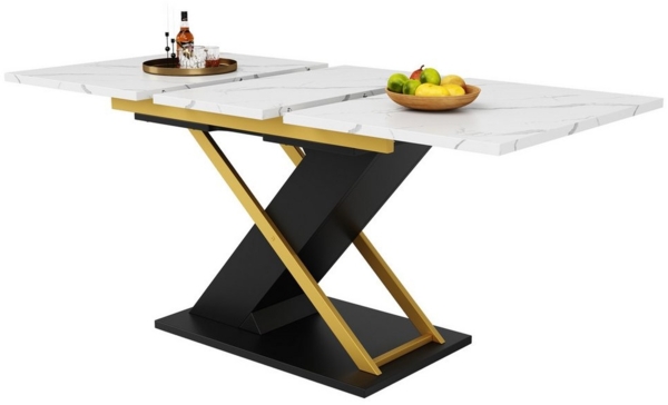 MODFU Esstisch Esstisch Teleskoptisch,Moderne Esstisch,mit Marmoroptik (Esstisch Ausziehtisch mit goldenen Kreuzbeinen – 120-160x80 cm, MDF-Marmoroptik, erweiterbar, elegantes Design, für Küche & Wohnzimmer, für 6 Personen, leicht zu pflegen & stabil, ...