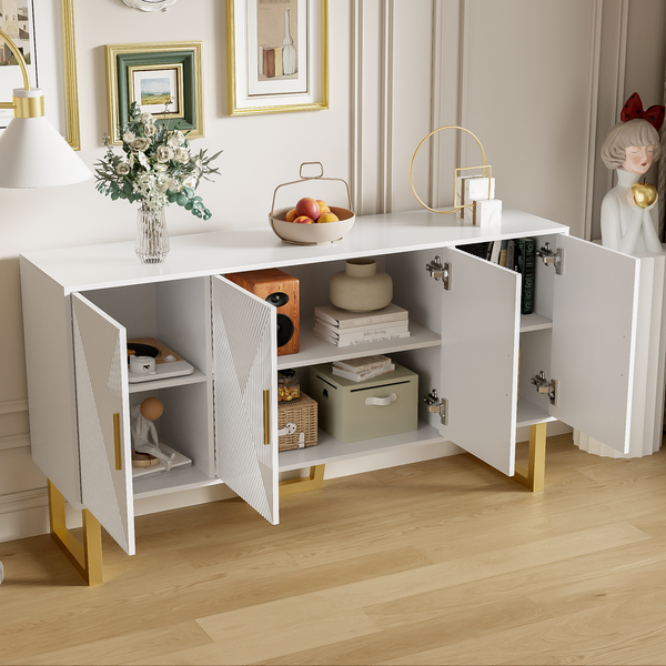 moderner, luxuriöser weißer Sideboard mit hochglänzenden strukturierten Türen und goldenen Griffen, 150 x 40 x 82 cm, Weiß