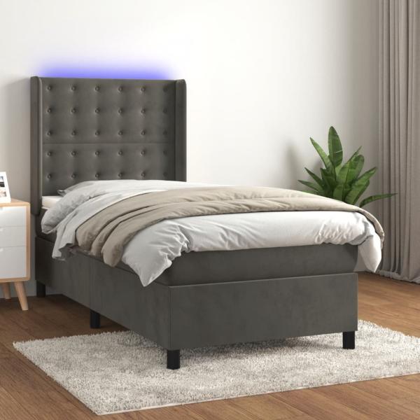 vidaXL Boxspringbett mit Matratze & LED Dunkelgrau 80x200 cm Samt, Härtegrad: H2 [3139770]