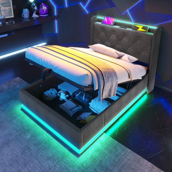 Polsterbett Leinen mit LED & Stauraum, USB-Anschluss, 90x200 cm, Grau, mit Matratze
