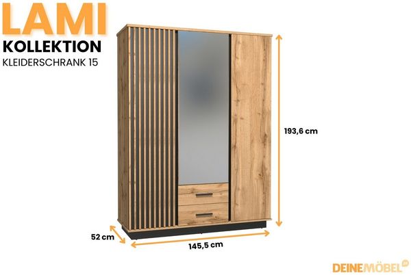 Deine Möbel 24 Kleiderschrank LAMI 15 mit Spiegel & 2 Schubladen, Wotan Eiche/Schwarz Matt/Lamellen (Ideal für Schlafzimmer, Flur, Garderobe & Jugendzimmer, 1-St, LAMI Kollektion) 145x193x52 cm