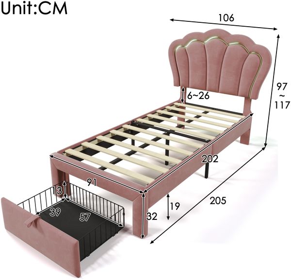 MODFU Polsterbett Kinderbett Jugendbett (Einzelbett, ohne Matratze,90 x 200cm), mit Schubladen, verstellbarem Kopfteil und APP-gesteuerter LED Bild 2