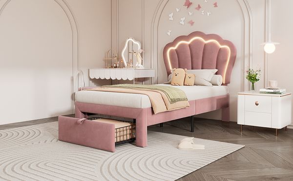 MODFU Polsterbett Kinderbett Jugendbett (Einzelbett, ohne Matratze,90 x 200cm), mit Schubladen, verstellbarem Kopfteil und APP-gesteuerter LED