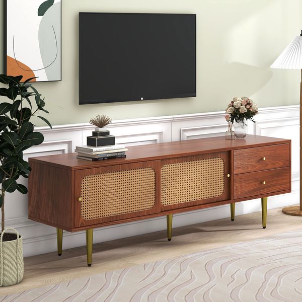 TV-Schrank 160 cm Walnuss MDF mit 2 Rattan-Schiebetüren, 2 Schubladen, verstellbare Einlegeböden