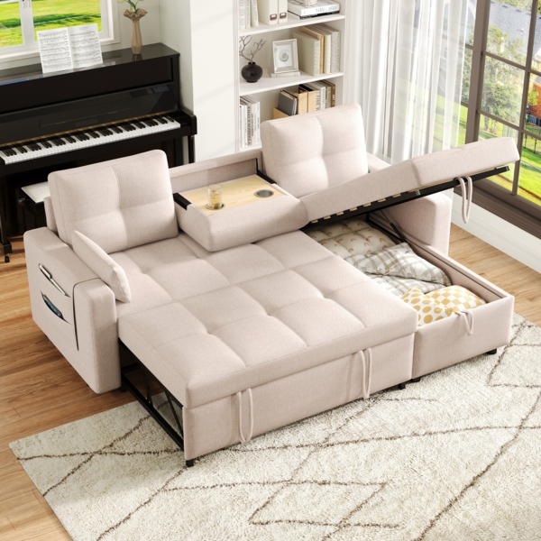 Merax L-Sofa, modulares Schlafsofa, ausziehbares Schlafsofa mit Schlaffunktion, ausgestattet mit Stauraum, herunterziehbarem Getränkehalter, Beige