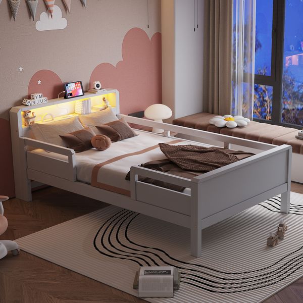 Merax Holzbett 90 x 200 cm, Kinderbett, Einzelbett, USB- und Tape-C-Kombi-Steckdose, kleine LED-Leuchte, Kopfteil mit Ablagefunktion, Multifunktionsbett, Kiefernholz, weiß