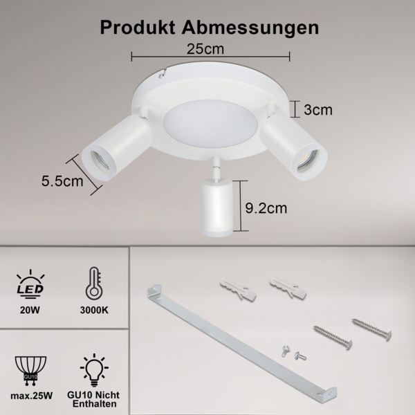 ZMH Deckenleuchte LED Deckenlampe 3 Flammig - Deckenstrahler Weiß Modern Wohnzimmerlampe 3000k GU10 20W Schwenkbar Flurlampe Deckenspot Rund für Schlafzimmer Küchen Büro Bild 2