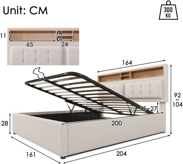 Polsterbett 160x200 cm mit verstellbarem Kopfteil, Steckdosen & USB/Type-C,Stauraum,Leinenstoff beige Bild 8