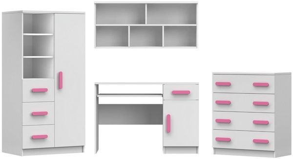 Deine Möbel 24 Jugendzimmer-Set INGE II in Weiß / Weiß + Grau / Weiß + Eiche Sonoma , 4-teilig, (Set, 4-tlg, Schreibtisch Regal Hängeregal Kommode), Kinderzimmer Set Weiß Griffe Rosa Blau Grün Grau aus Laminatplatte