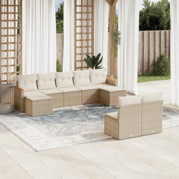 vidaXL 9-tlg. Garten-Sofagarnitur mit Kissen Beige Poly Rattan 3226373