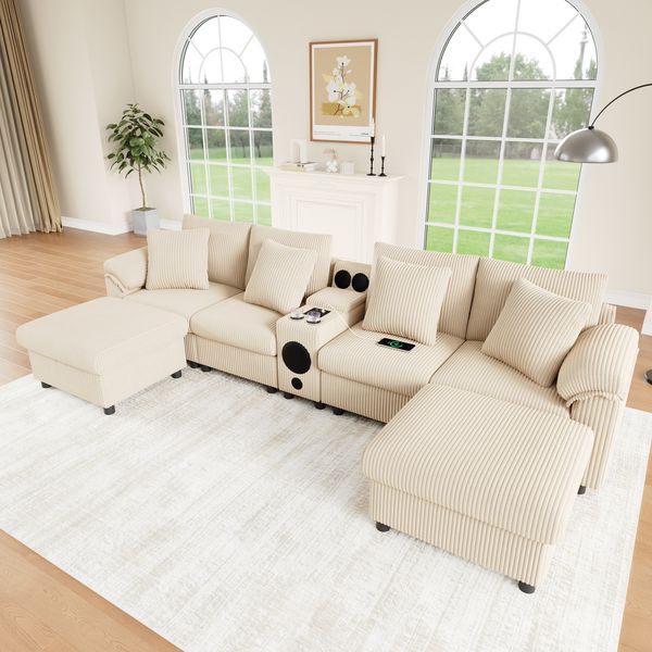 Merax U- und L-förmiges Sofa, mit Bluetooth-Lautsprecher und Konsole, Ecksofa mit Stauraum, kabellosem Laden, USB-Anschlüssen, Getränkehaltern und Kissen, Beige