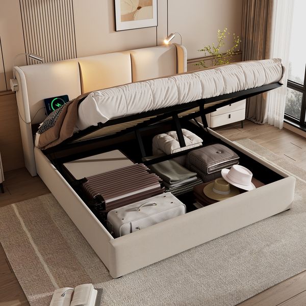 Polsterbett 160x200 cm Doppelbett mit Stauraum-Bettkasten, Leselampe mit USB-Ladefunktion im Kopfteil, Leinen, Beige