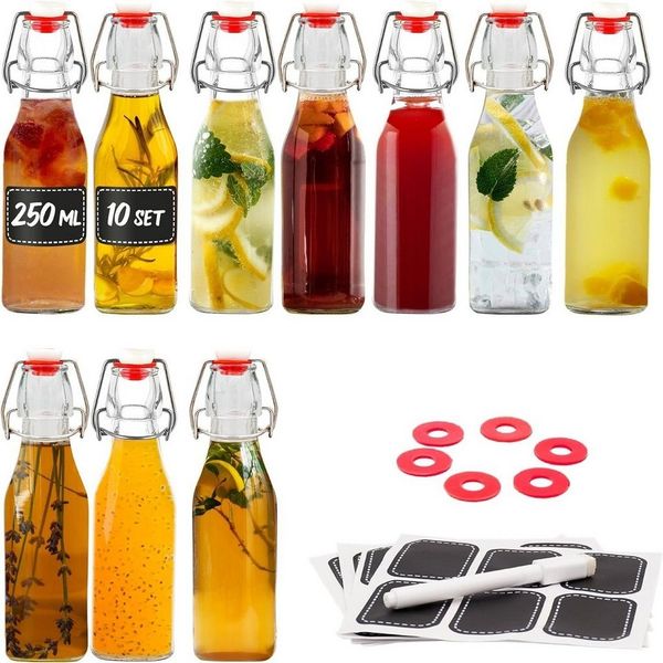 Praknu Trinkflasche 10er Set Glasflaschen 250ml Bügelverschluss Eckig - Bügelflaschen, Bügelverschluss Eckig - 10 Etiketten mit Stift und 10 Extra Dichtungen