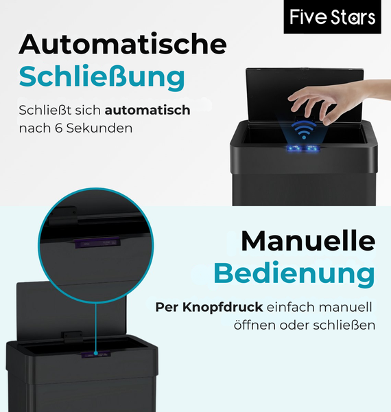 Five Stars® Mülleimer mit Sensor, Edelstahl Schwarz, 60 L, 70x41x27cm Bild 6