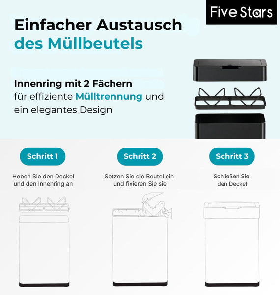 Five Stars® Mülleimer mit Sensor, Edelstahl Schwarz, 60 L, 70x41x27cm Bild 5
