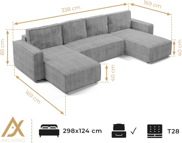 AX LIVING Aydin Sofa Wohnlandschaft mit Schlaffunktion U Form Hellgrau Bild 6