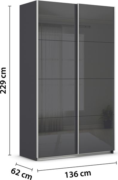 rauch Quadra, Kleiderschrank, Schiebetürenschrank, 2-türig, mit Glasfront, mit 2 Kleiderstangen und 4 Einlegeböden, Farbe Grau metallic/Glas Basalt, BxHxT 136x229x62cm Bild 4