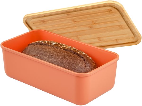 Brotkasten mit Bambus-Deckel, Brotbox mit Schneidebrett, Brotkorb, rotbraun