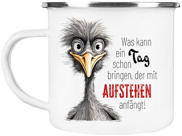Cadouri Tasse AUFSTEHEN Camping Emaille Tasse, Campingtasse, Metall, Campingbecher, Kaffeetasse für Camper, handgefertigt, Geschenk, 300 ml