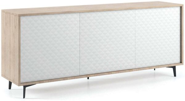 Dmora Kommode Aminda, Buffetschrank mit 3 Türen und 1 verstellbarem Regal, elegantes Wohnzimmer-Sideboard, TV-Schrank, 100 % Made in Italy, 184 x 45 x 77 cm, Weiß und Eiche