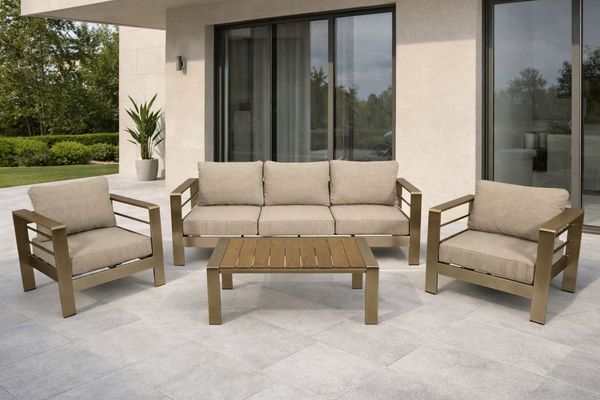 DEGAMO Loungeset CANNES, Armlehnen braun, (2x Sessel, 1x Sofa 207cm, 1x Tisch 106x60 cm), Aluminium gebürstet, Kunstholz braun, wetterfest