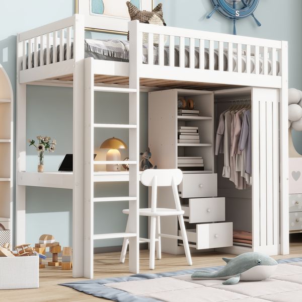 Hochbett 90x200 cm mit Schreibtisch, Kleiderschrank und 3 Schubladen, Kinderbett mit Stauraum, weißes Etagenbett mit Treppe und Geländer