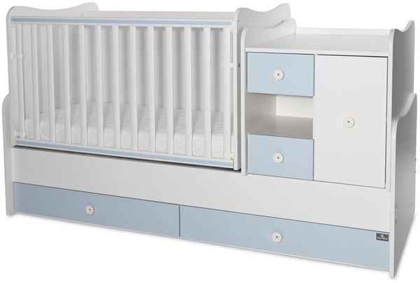 Lorelli Babybett, Jugendbett 3 in 1 Mini Max umbaubar, für 2 Kinder gleichzeitig weiß blau