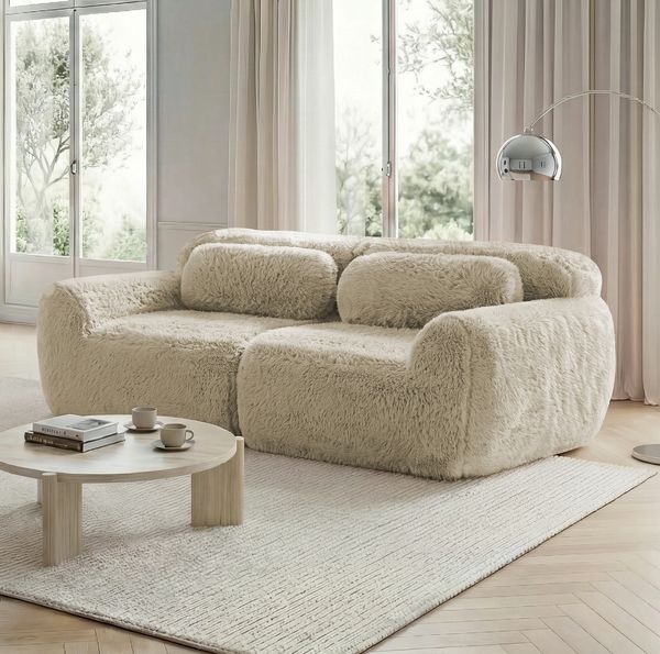 Modulares Sofa 204cm×104cm×73cm aus Plüsch – rahmenloses 2-Sitzer-Design in Hellkhaki