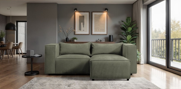 Ecksofa Designersofa NEVIO XS in Stoff Lincoln Moosgrün Ottomane Rechts