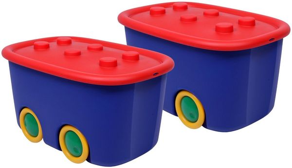 ONDIS24 Aufbewahrungsbox Spielzeugaufbewahrungsbox Spielzeugkiste Kinder (2er Set), 46 liter, Spielzeugbox Funny mit großen Rädern und aufliegendem Deckel