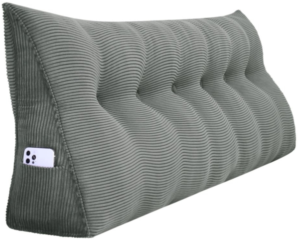 VERCART Großes Keilkissen, Langes Lesekissen, Bettruhe Rückenkissen, Dreieckiges Liegekissen, Dekoratives Kopfteilkissen für Tagesbett oder Tiefes Sofa, Cord Grau, 180cm