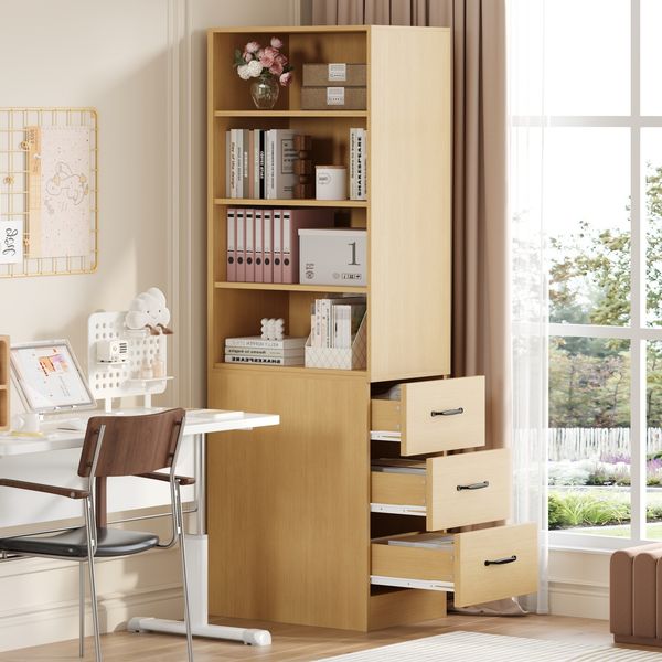 Flieks Hochschrank 180 cm, Bücherregal, schlankes Sideboard für Bücher, Büro, Schlafzimmer und Wohnzimmer, integrierten Schubladen, Naturholzfarbe