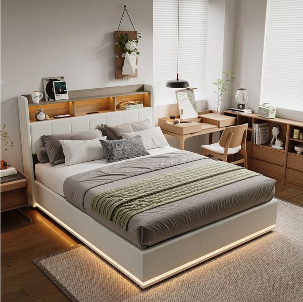 Furnishings Home Polsterbett Stauraumbett Doppelbett LED, Hydraulisch anhebbarer Stauraumbett (Mit Lattenrost und Ladefunktion, Leinenmaterial Polsterbett), Mit LED Beleuchtung, Lattenrost, Samt, 140x200 cm