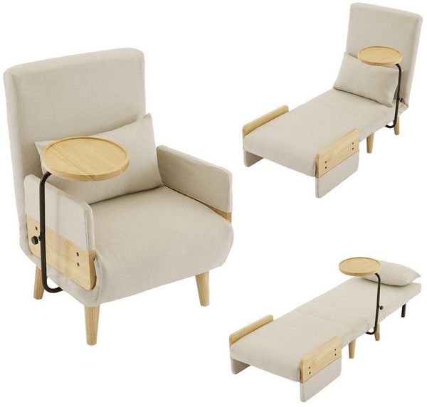 Flieks Loungesessel 3-in-1-Umbausessel mit Schlaffunktion (Beine und Armlehnen aus Massivholz, 1-St, mit Holztablett und Kissen, 6-fach verstellbare Rückenlehnenfunktion), Klappsessel Polstersessel mit Relaxfunktion Einzelsofa Leinen