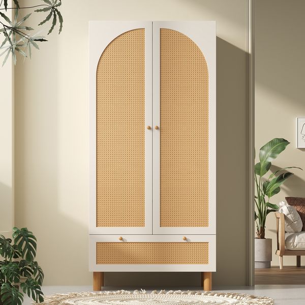 Kleiderschrank 85,5 x 52 x 180,5 cm in Weiß, mit Rattan-Details, Schublade, Kleiderstange und verstellbaren Böden