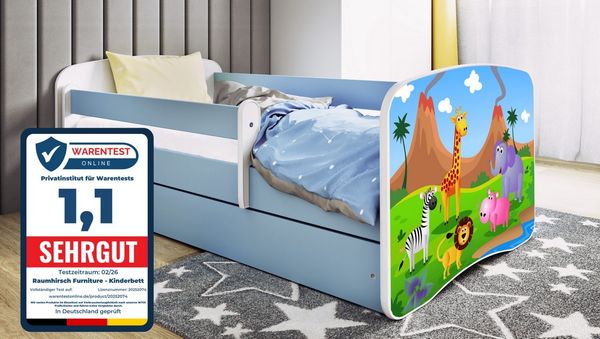 Raumhirsch Furniture Kinderbett 70x140, 80x160, 80x180 cm - Komplettset mit Matratze & Schublade (Bett für Mädchen, Einzelbett für Kinder von 2-12 Jahren, Rausfallschutz und Lattenrost), verschiedene Farben & Designs