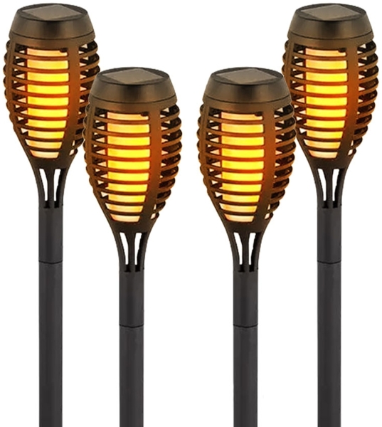 4er Set LED Solarleuchten, schwarz, Feuereffekt, H 50 cm