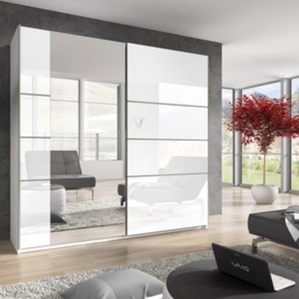 Kleiderschrank mit Spiegel BIRMINGHAM-83 in weiß mit Front in weiß Hochglanz, B/H/T: ca. 221/210/61 cm Bild 4