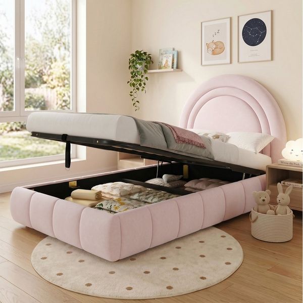 Odikalo Polsterbett Kinderbett Einzelbett Stauraumbett 90×200 mit Schlaffunktion (hydraulisches Funktionsbett, Bett mit Lattenrost, Kopfteil und großem Stauraum, gepolstertes Kopfteil)