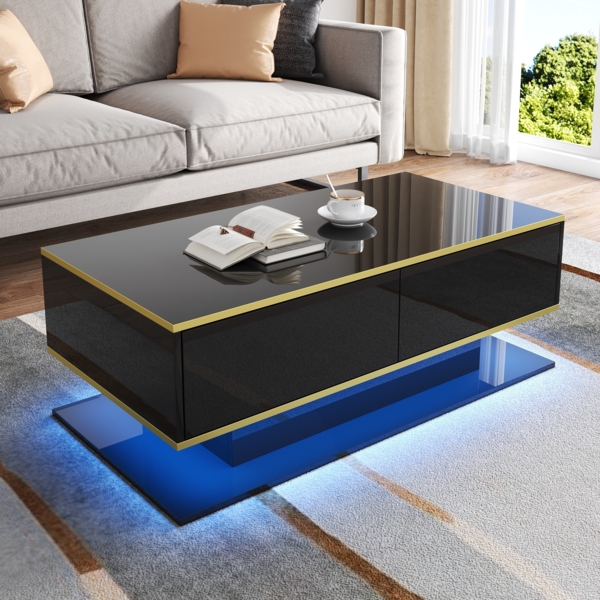 Couchtisch 100x50 cm Schwarz Hochglanz LED Beleuchtung goldene Streifen 3 Schubladen Wohnzimmer Tisch 50kg