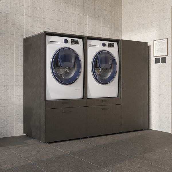 Roomart Schrankwand für Hauswirtschaftsraum & Waschküche – SERIE 2 - 194 cm breit, mit Schubladen & Ausziehbrett, Waschmaschinenschrank, Weiß / Schwarz-Eiche • Schwarz-Eiche