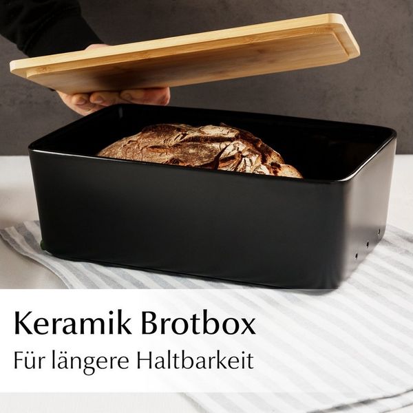 MiaMio Brotkasten Brotkasten Keramik mit Bambusdeckel Schwarz, Keramik