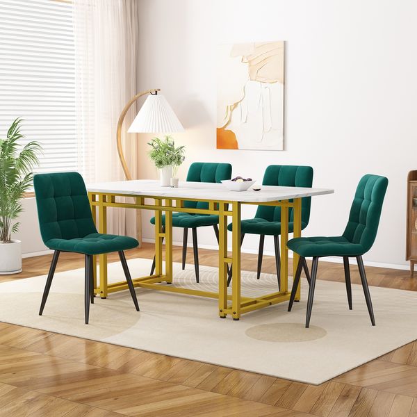 Esstisch-Set mit 4 Samtstühlen, MDF-Tisch, 120 cm, Dunkelgrün/Gold