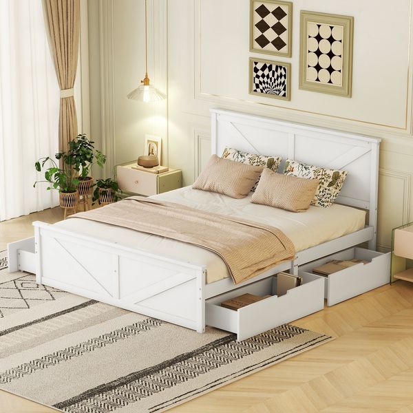 Merax Doppelbett 160x200 Einfaches Holzpritschenbett mit vier Schubladen, Weiß
