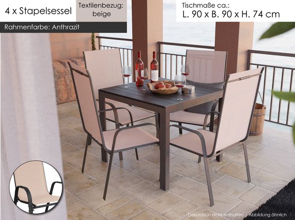 Gartenmöbel Set Alu Tisch 5-tlg. 4x Stapelsessel Essgruppe Gartenset beige Sitzgruppe