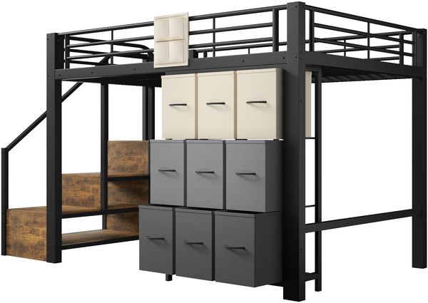 Hochbett, 140×200 cm, Metall, mit Schubladen, Kleiderstange, Geländer, Treppe mit Stauraum, ohne Matratze,Schwarz Bild 10