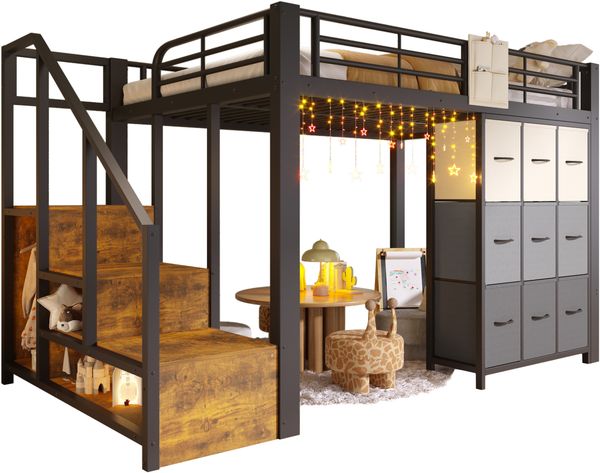 Hochbett, 140×200 cm, Metall, mit Schubladen, Kleiderstange, Geländer, Treppe mit Stauraum, ohne Matratze,Schwarz Bild 7