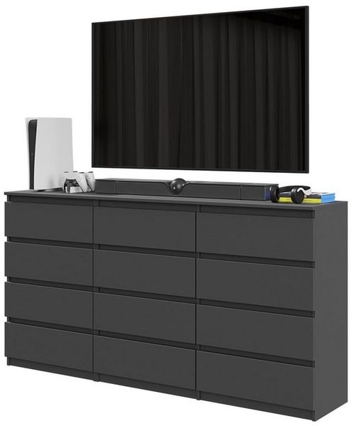 Furnica Kommode GABRIEL 8+4 Schubladen-Anthrazit Grau H92cm B180cm T33cm