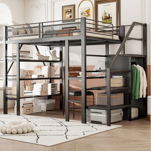 Merax Hochbett (1-St, Jugendbett Einzelbett Etagenbett Kinderbett Eisenbett) Metallbett 140x200cm mit Regal, Schreibtisch, Kleiderschrank & Treppe
