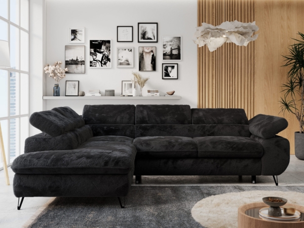 Ecksofa mit Bettfunktion, Modern Sofa, L-form, Einstellbare Kopfstützen, Bettkasten - PETER - Schwarz Plüsch - Topper T25 - links